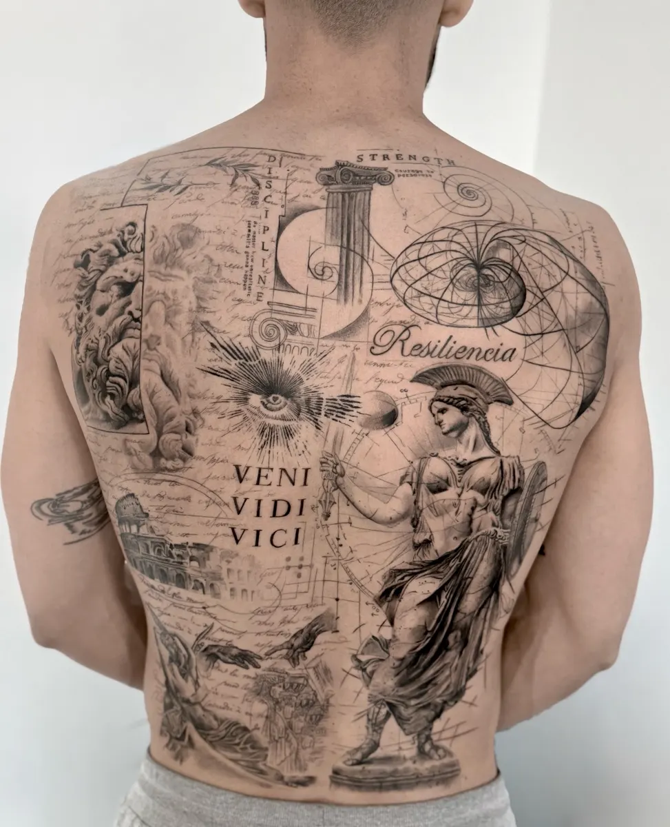 Detalle de la espalda tatuada con un collage realista de escultura clásica, columna jónica y lettering latino