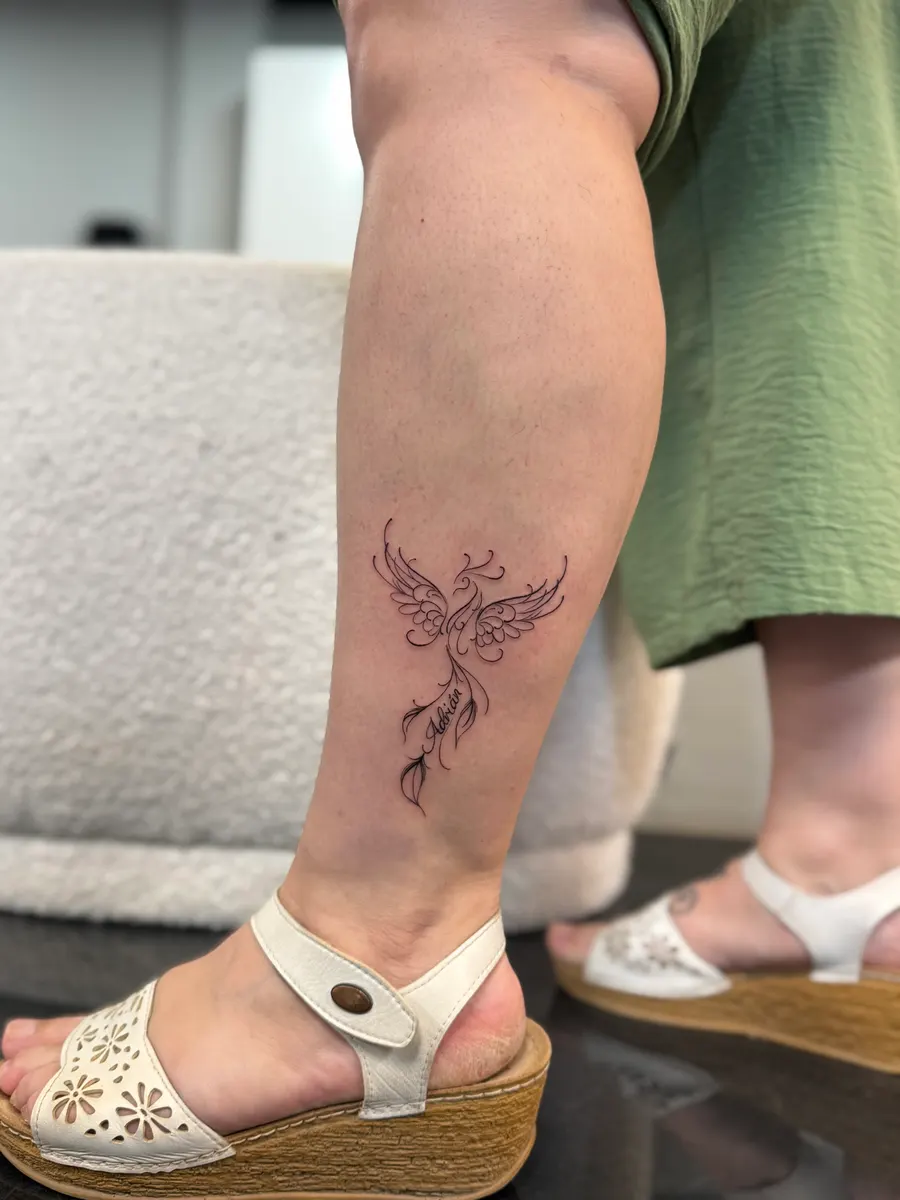 Ave fénix ornamental en línea fina tatuada en el gemelo, con el nombre Adrián integrado en la cola