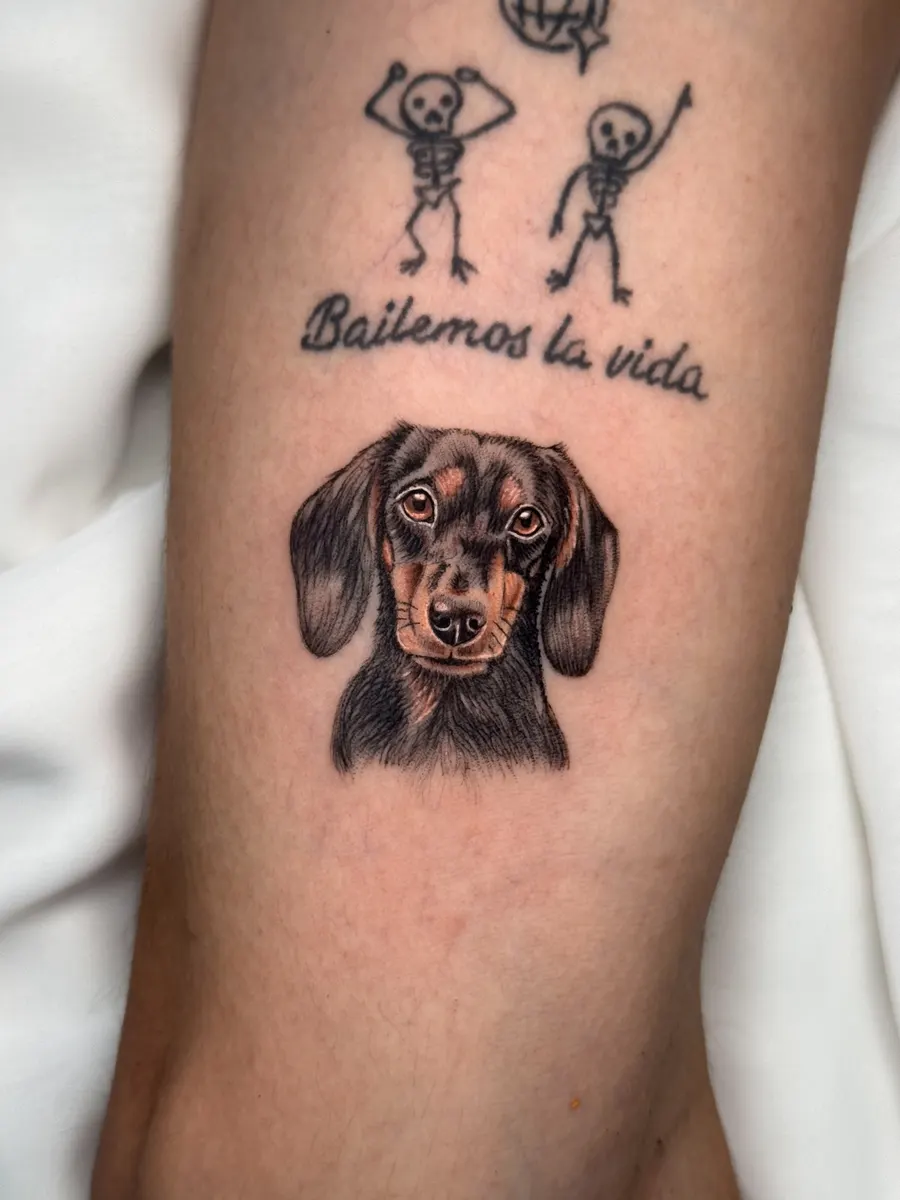 Retrato a color de un teckel tatuado en el brazo, en microrrealismo